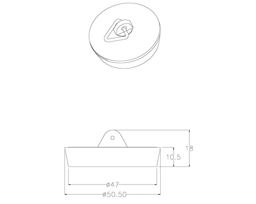 Tekening van een afvoerplug met afmetingen