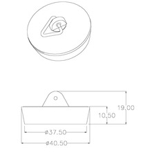 Tekening van een spoelbakstop met afmetingen 40,50 mm, 37,50 mm en 19 mm