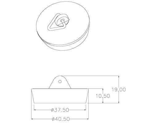 Tekening van een spoelbakstop met afmetingen 40,50 mm, 37,50 mm en 19 mm