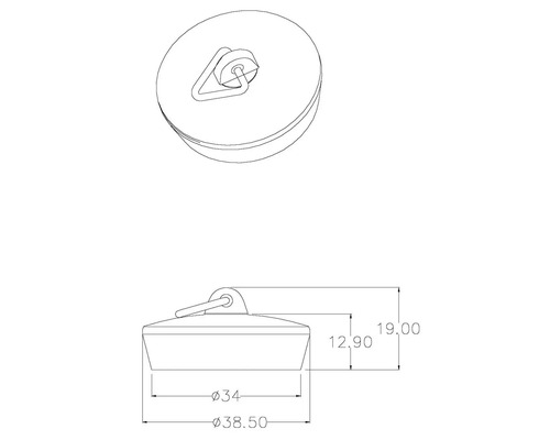 Technische tekening van een afvoerstop met afmetingen