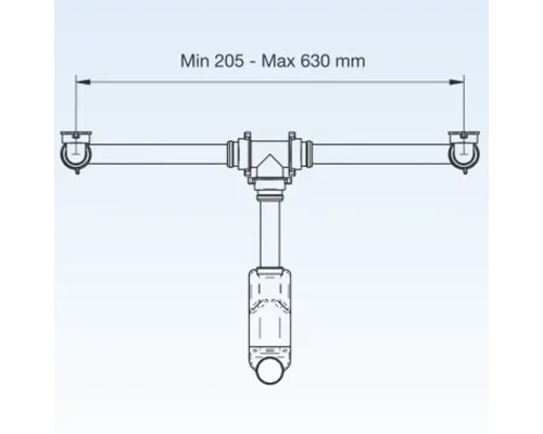 Afvoergarnituur met afmetingen van minimaal 205 tot maximaal 630 millimeter.
