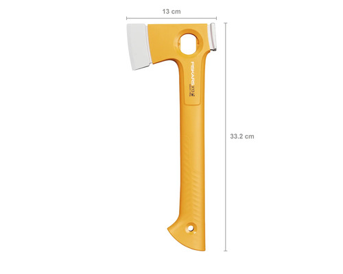 Fiskars X13 kloofbijl met een lengte van 33,2 cm en een kopbreedte van 13 cm.
