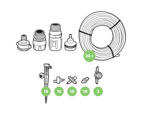 Bewateringsset met slang, verbindingsstukken en druppelaars