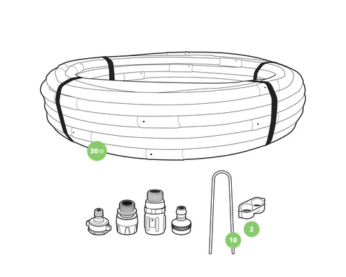 30 meter lange irrigatieslang met verbindingsstukken en houders