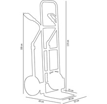Afmetingen van een steekwagen: 100 cm hoogte, 119 cm totale hoogte, 49 cm breedte, 52 cm diepte, 30 cm schepbreedte, 25 cm schepdiepte.