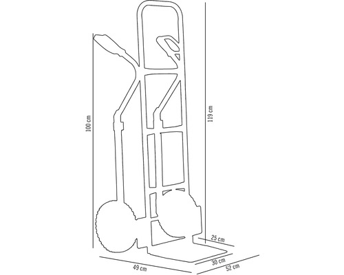 Afmetingen van een steekwagen: 100 cm hoogte, 119 cm totale hoogte, 49 cm breedte, 52 cm diepte, 30 cm schepbreedte, 25 cm schepdiepte.