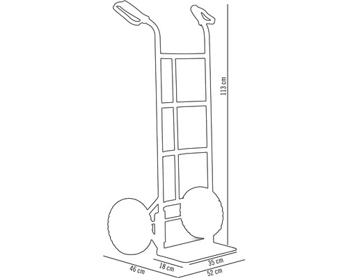 Afbeelding van een steekwagen met de afmetingen 113 cm hoogte, 46 cm lengte, 52 cm breedte en 35 cm diepte