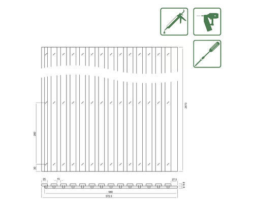 Technische tekening van een privacyscherm met afmetingen