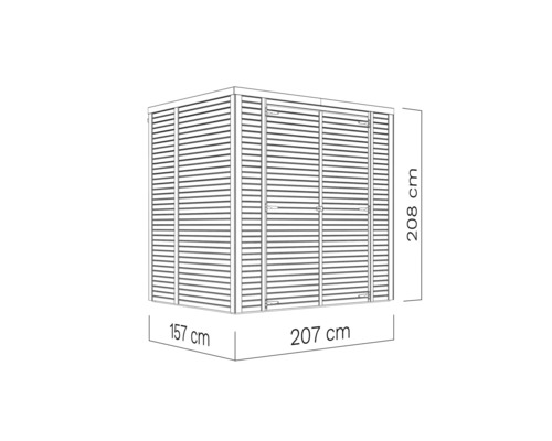 Afbeelding van een tuinhuis met afmetingen van 208 cm hoogte, 157 cm breedte en 207 cm lengte.