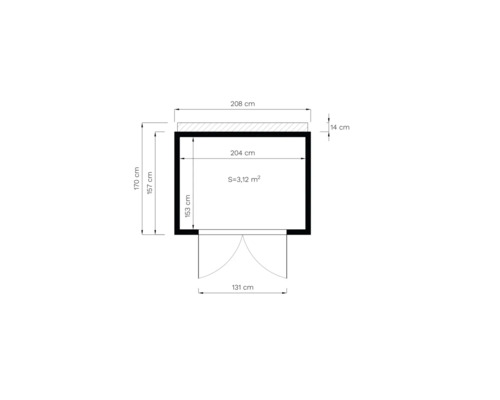 Plattegrondtekening van een tuinhuis met maatvoering