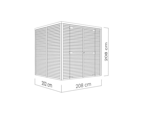 Illustratie van een gereedschapskist met afmetingen van 202 x 208 x 208 cm
