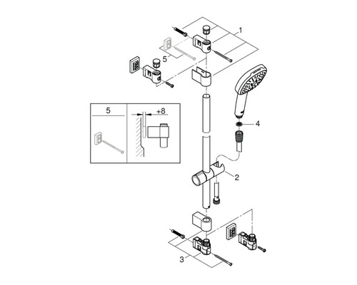 Explosietekening van een douchestang met handdouche, bestaande uit houders, schroeven en afdichtingen