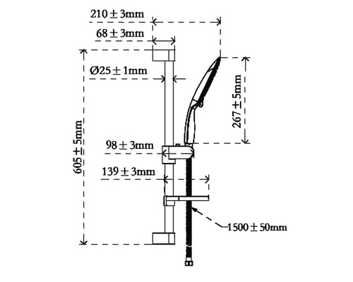 Technische tekening van een douchestang met maatvoering