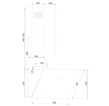 Technische tekening van een afzuigkap met afmetingen
