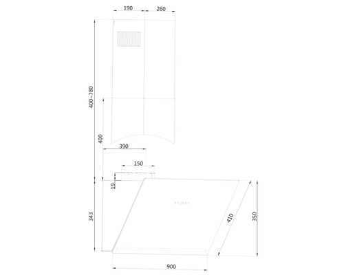 Technische tekening van een afzuigkap met afmetingen