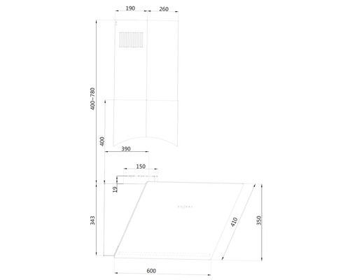 Technische tekening van een afzuigkap met afmetingen