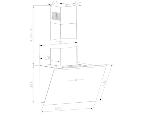 Technische tekening van een afzuigkap met maataanduidingen