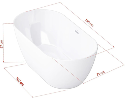 Vrijstaand bad met afmetingen van 150 cm lang, 102 cm breed en 57 cm hoog.