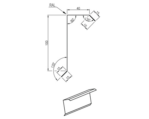 Technische tekening van een hoek met afmetingen.