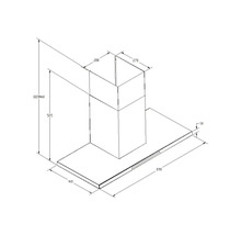 Technische tekening van een afzuigkap met maatvoering