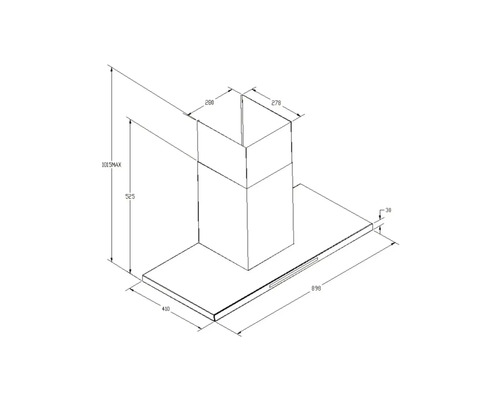 Technische tekening van een afzuigkap met maatvoering