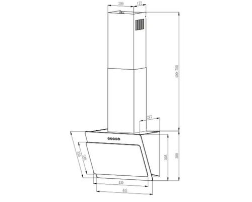 Technische tekening van een afzuigkap met maataanduidingen