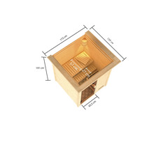 Bovenaanzicht van een sauna met afmetingen: 173 cm x 159 cm (bovenkant), 191 cm (hoogte), 65,5 cm (deurbreedte), zitbank 57 cm x 27 cm.