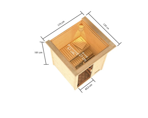 Bovenaanzicht van een sauna met afmetingen: 173 cm x 159 cm (bovenkant), 191 cm (hoogte), 65,5 cm (deurbreedte), zitbank 57 cm x 27 cm.
