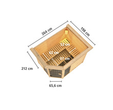 Bovenaanzicht hoeksauna met de afmetingen 264 cm bij 198 cm bij 212 cm en een deur van 65,6 cm breed.
