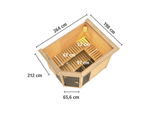 Bovenaanzicht hoeksauna met de afmetingen 264 cm bij 198 cm bij 212 cm en een deur van 65,6 cm breed.