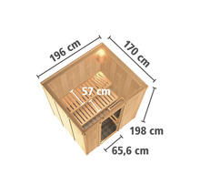 Sauna met afmetingen 196 cm x 170 cm x 198 cm, gemaakt van hout