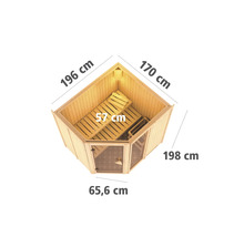 Finse sauna met afmetingen 196 cm bij 170 cm bij 198 cm