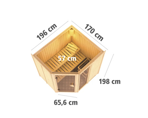 Finse sauna met afmetingen 196 cm bij 170 cm bij 198 cm