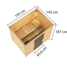Illustratie van een sauna met afmetingen van lengte, breedte en hoogte