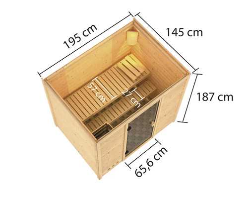 Illustratie van een sauna met afmetingen van lengte, breedte en hoogte