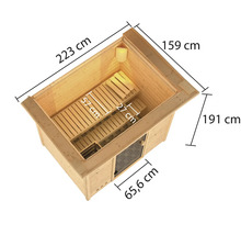 Afmetingen van een houten sauna: 223 cm lengte, 159 cm breedte, 191 cm hoogte, deurbreedte 65,6 cm, zitbankdieptes 57 cm en 27 cm