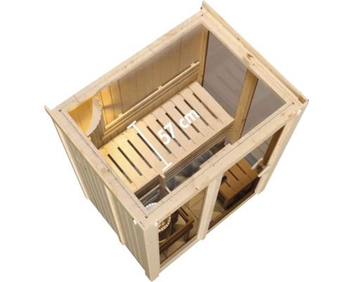 Binnenaanzicht van een houten sauna met banken en een dieptemarkering van 57 centimeter