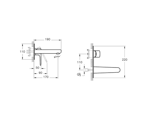 Technische tekening van een wastafelkraan voor wandmontage met maatvoering