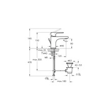 Technische tekening van een wastafelkraan met afmetingen