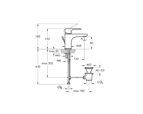 Technische tekening van een wastafelkraan met afmetingen