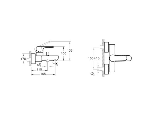 Technische tekening van een kraan met maatvoering