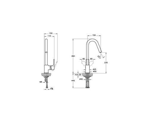 Technische tekening van een keukenkraan met maataanduidingen