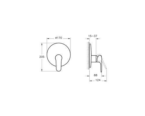 Technische tekening van een badkamerkraan met maatvoering
