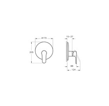 Technische tekening van een badkamerkraan met afmetingen