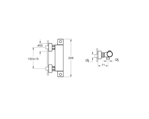 Technische tekening van een aansluiting voor een badkamerarmatuur met afmetingen