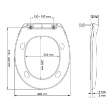 Technische tekening van een toiletbril met maatvoering