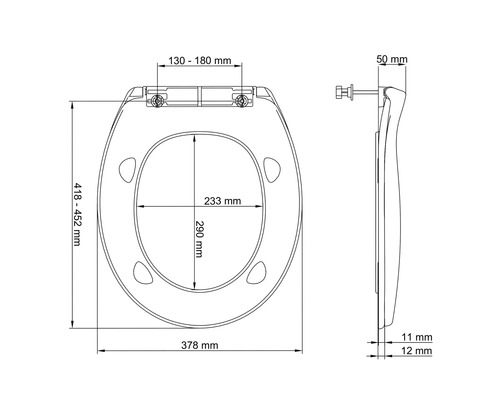 Technische tekening van een toiletbril met maatvoering