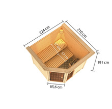 Afbeelding van een houten sauna met afmetingen