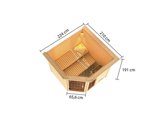 Afbeelding van een houten sauna met afmetingen