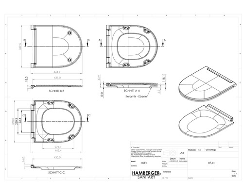Technische tekening van een toiletbril met afmetingen